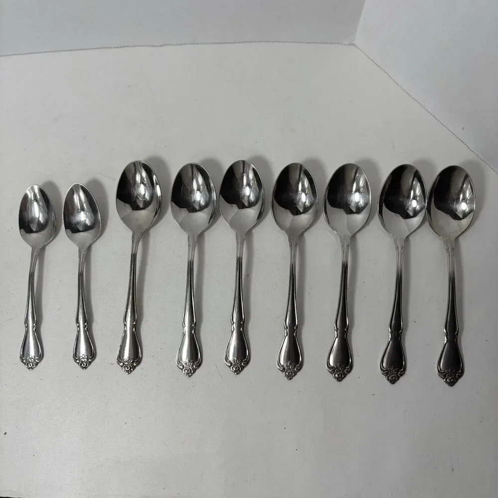 Oneida Flatware Spoons Arbor Rose True Rose Stainless 7 Place Soup &‎ 2 Tea D3